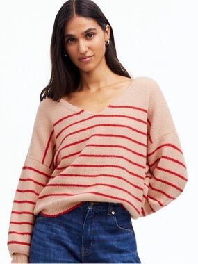 Madewell Striped V-Neck Sweater in Blush and Red